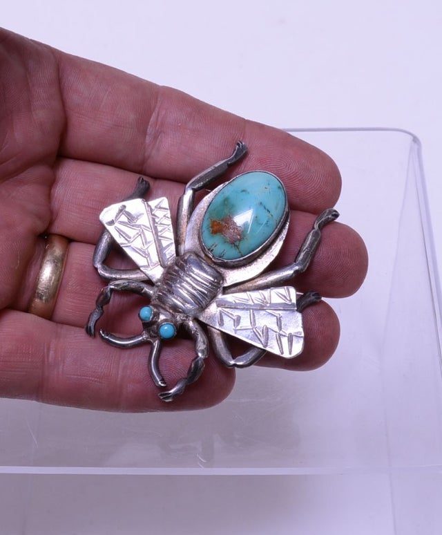Vintage Sterling Silver Turquoise Spider Insect Bug Handcrafted Brooch Pin