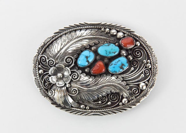 Vintage Navajo Sterling Silver and Turquoise Belt Buckle