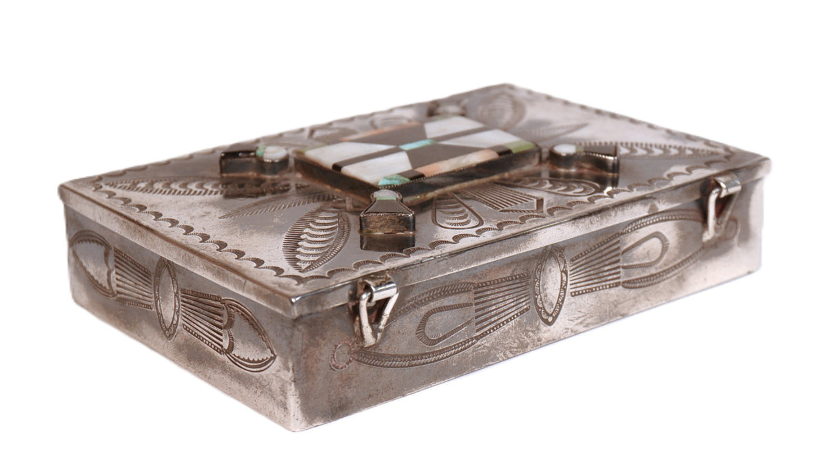 Zuni Pueblo Sterling Silver Inlay Stamped Box