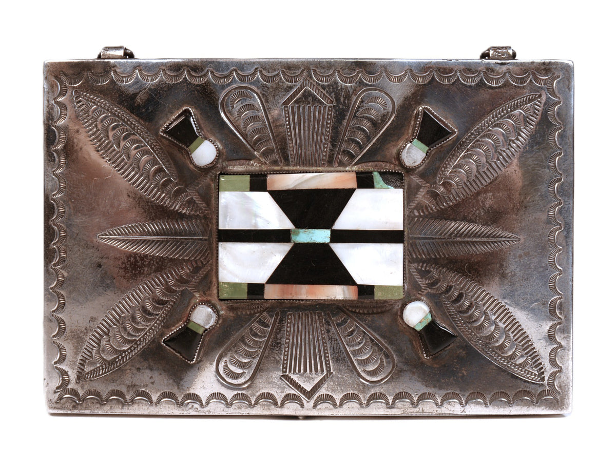 Zuni Pueblo Sterling Silver Inlay Stamped Box
