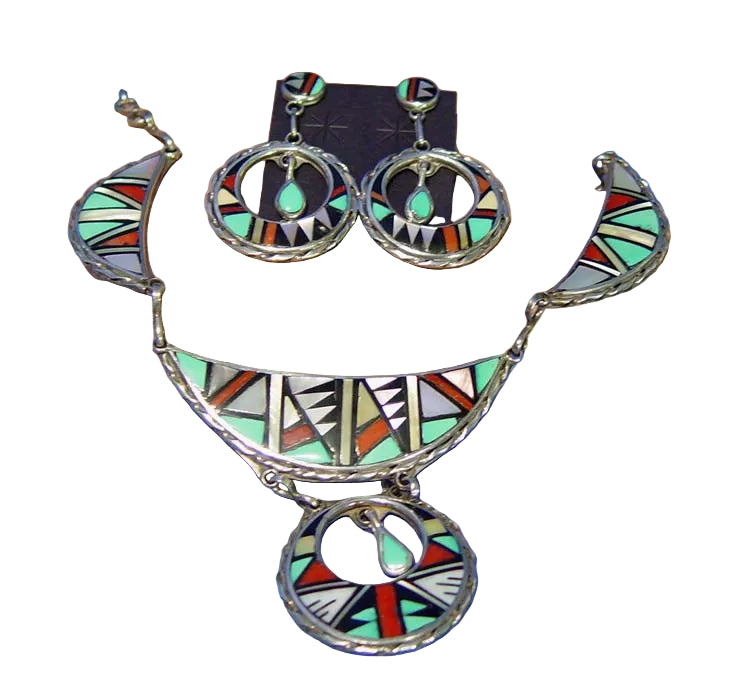 Zuni Set Earrings and Necklace with pendant by Wilfred and Margie Eriacho