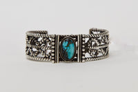 Large Navajo Bracelet with High Grade Natural Bisbee Turquoise stone setting;