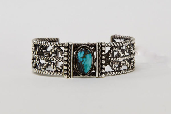 Large Navajo Bracelet with High Grade Natural Bisbee Turquoise stone setting;