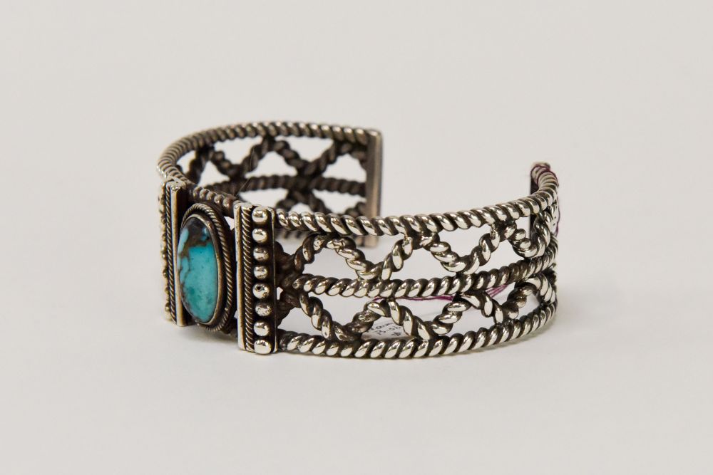 Large Navajo Bracelet with High Grade Natural Bisbee Turquoise stone setting;