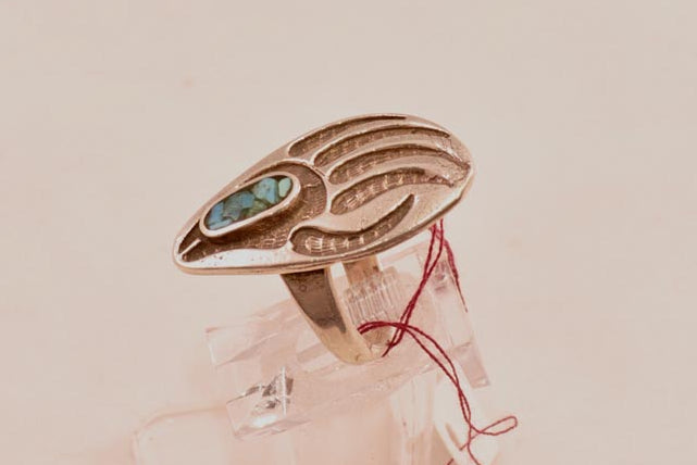 Hopi overlay Bear Claw Ring with Chip Turquoise Inlay Size 5