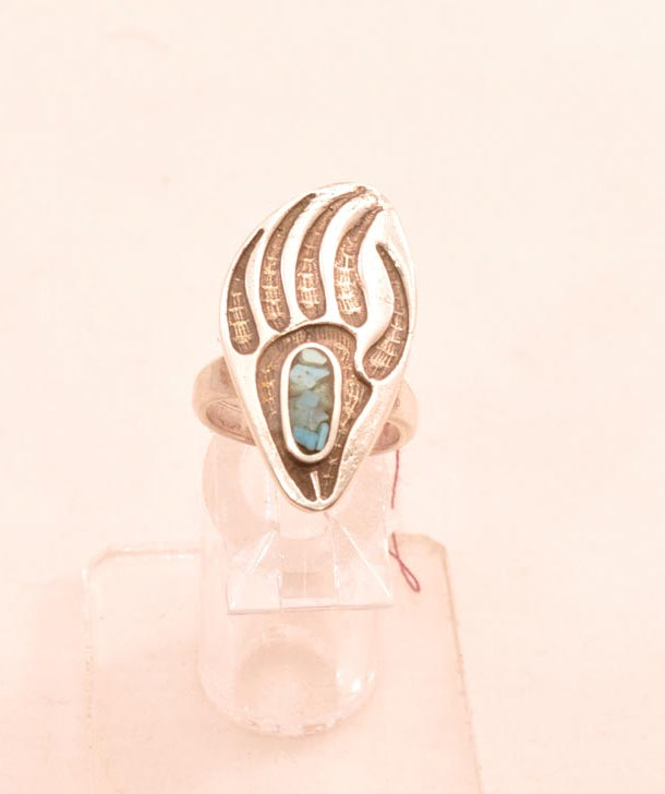 Hopi overlay Bear Claw Ring with Chip Turquoise Inlay Size 5