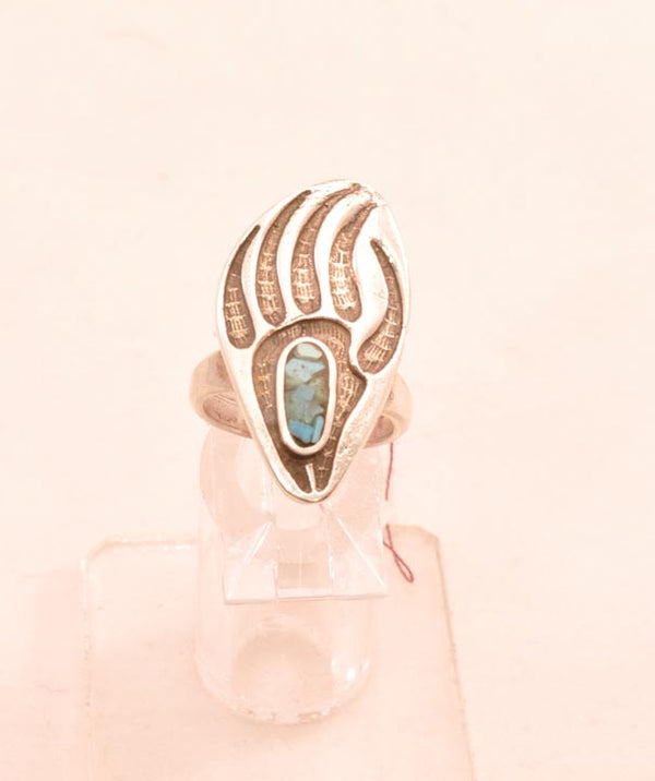 Hopi overlay Bear Claw Ring with Chip Turquoise Inlay Size 5
