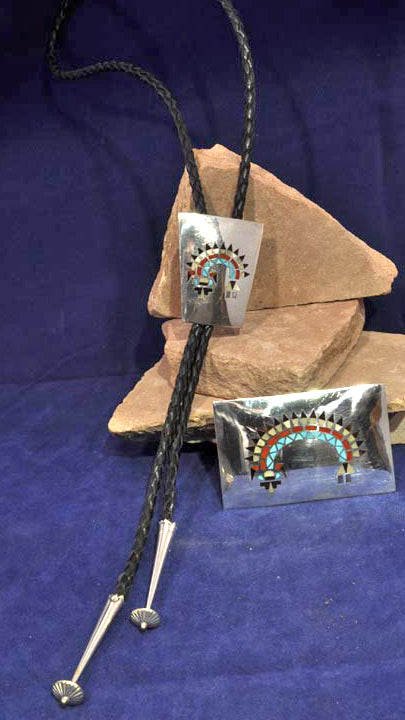 Zuni Pueblo Indian BUCKLE and BOLO Inlay Set By H. L. Lanyate