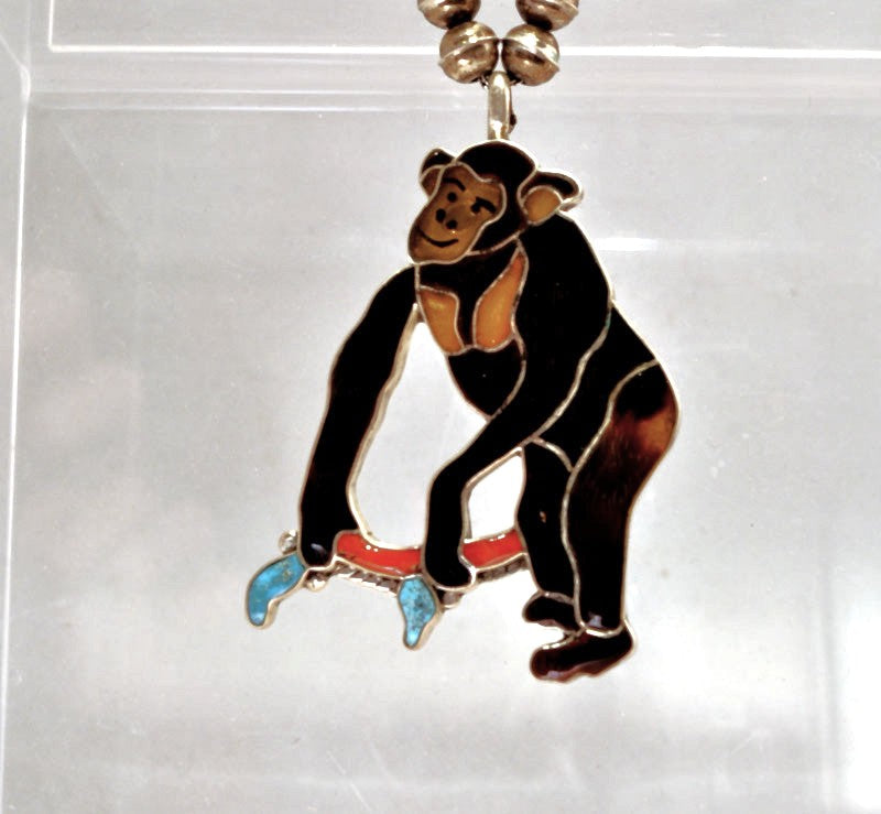 Fine Zuni Gorilla Inlay Pendant on Sterling Silver beaded necklace