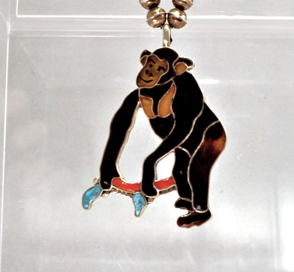 Fine Zuni Gorilla Inlay Pendant on Sterling Silver beaded necklace