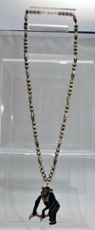 Fine Zuni Gorilla Inlay Pendant on Sterling Silver beaded necklace