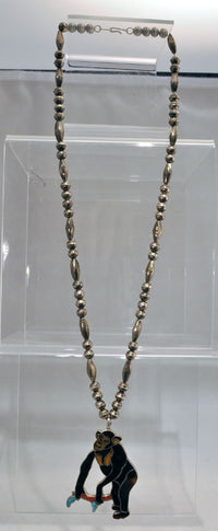 Fine Zuni Gorilla Inlay Pendant on Sterling Silver beaded necklace