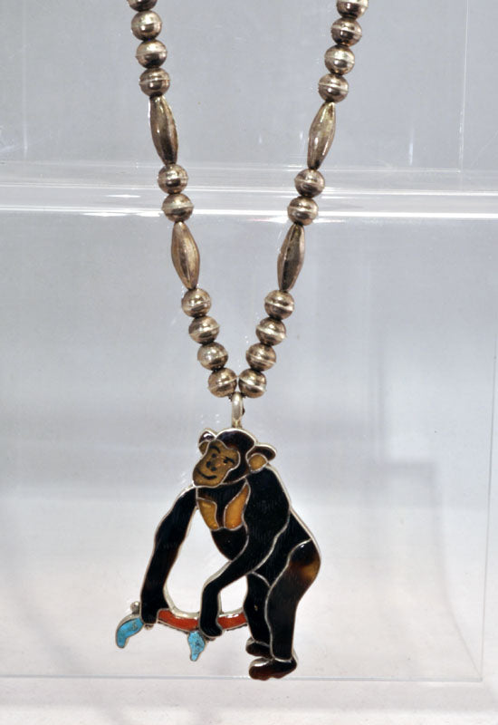 Fine Zuni Gorilla Inlay Pendant on Sterling Silver beaded necklace