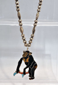 Fine Zuni Gorilla Inlay Pendant on Sterling Silver beaded necklace