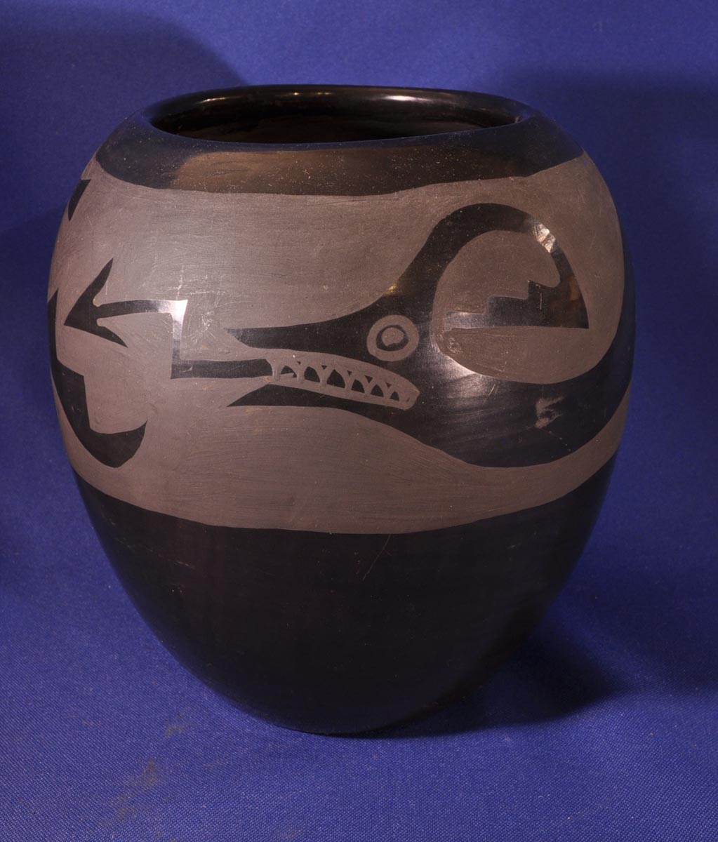 San Ildefonso Pueblo pottery jar; Avaynu motif
