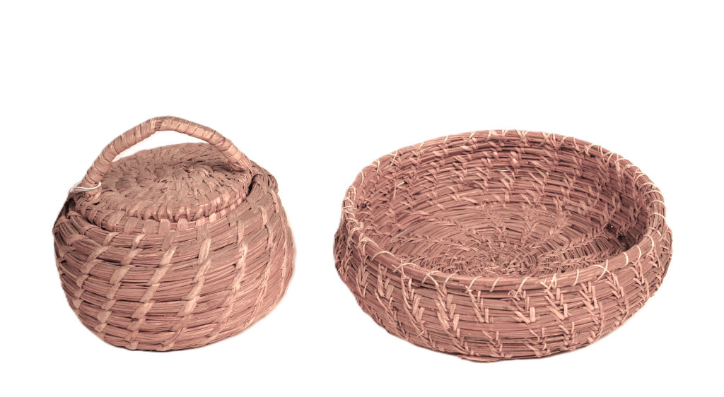 Papago Split Stitch Basket with Lid & Penobscot Split Stitch Pine Needle Basket Pair