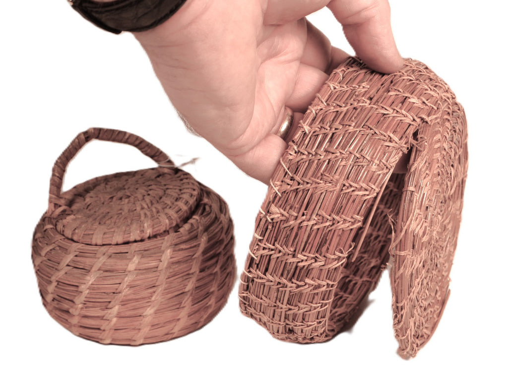 Papago Split Stitch Basket with Lid & Penobscot Split Stitch Pine Needle Basket Pair