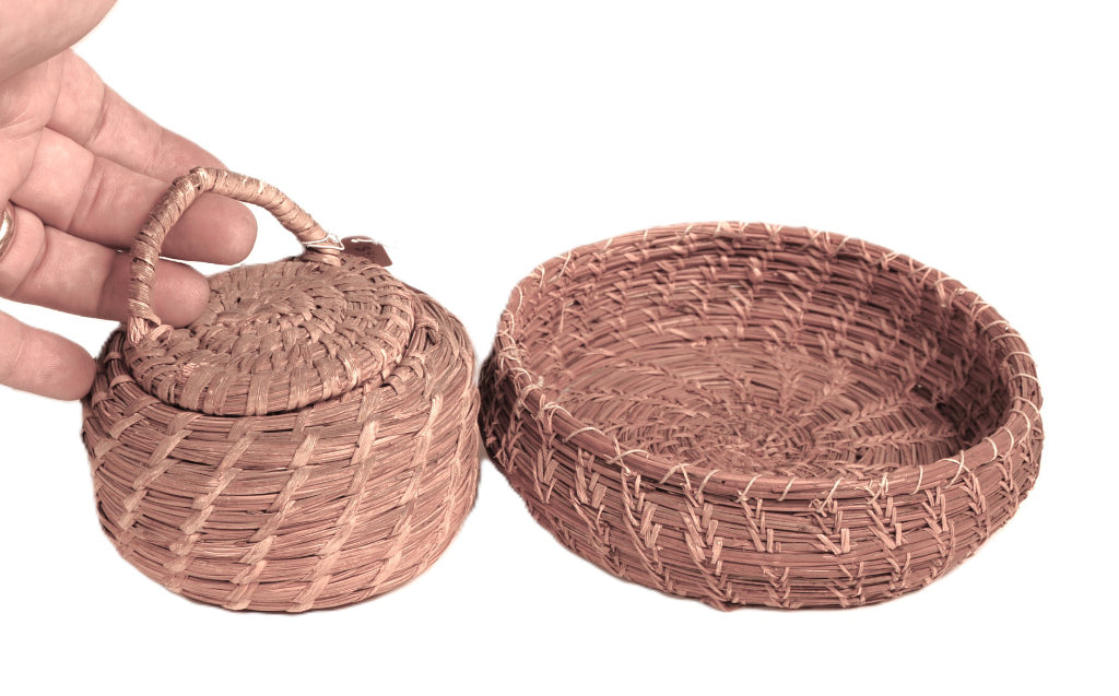Papago Split Stitch Basket with Lid & Penobscot Split Stitch Pine Needle Basket Pair