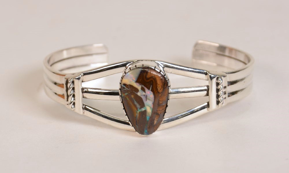Navajo Bracelet with natural boulder opal setting by Delbert Vandeveer