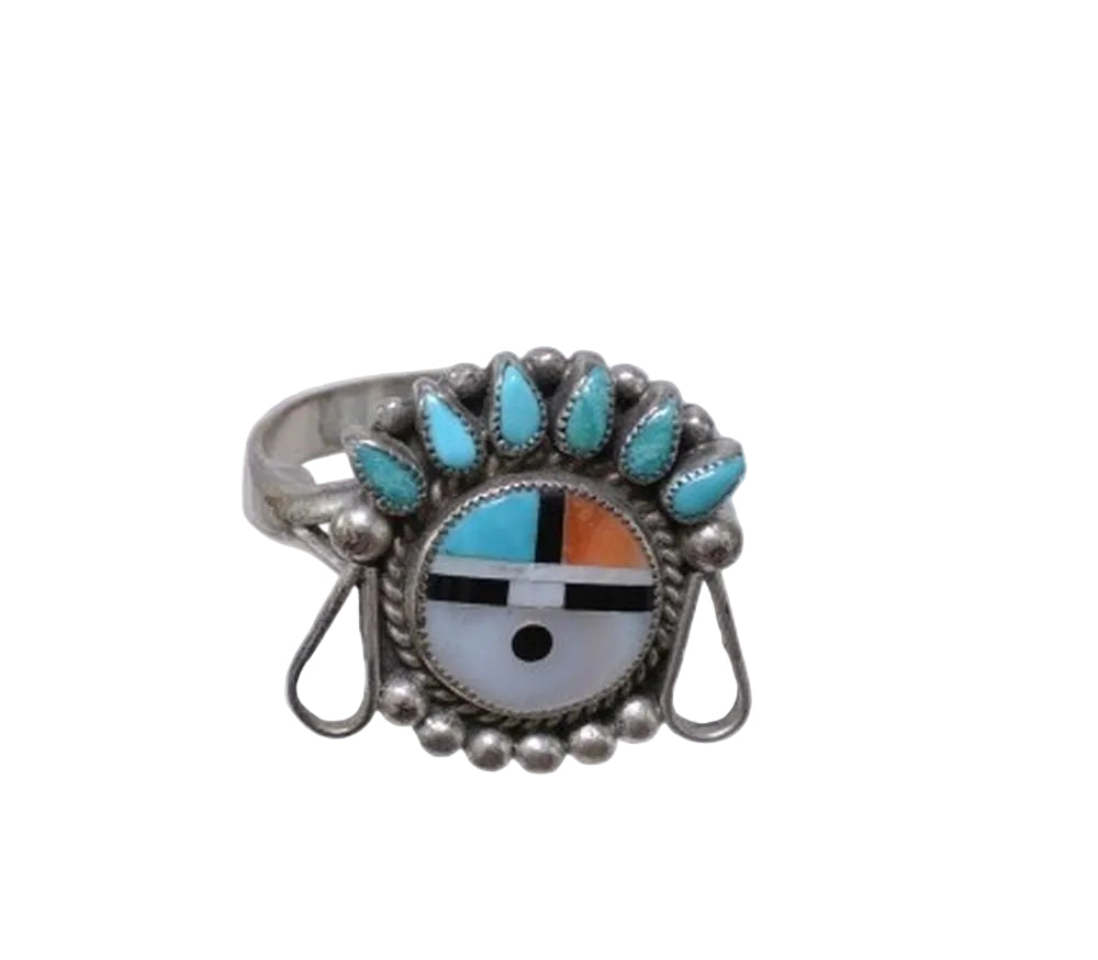 Zuni Pueblo Earrings and Ring Set Sunface Design with inlay in Sterling Silver Ring size 8.5, Screwback Earrings Unsigned.