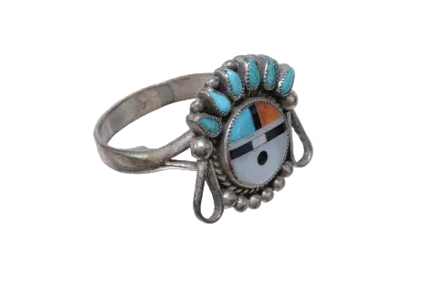Zuni Pueblo Earrings and Ring Set Sunface Design with inlay in Sterling Silver Ring size 8.5, Screwback Earrings Unsigned.
