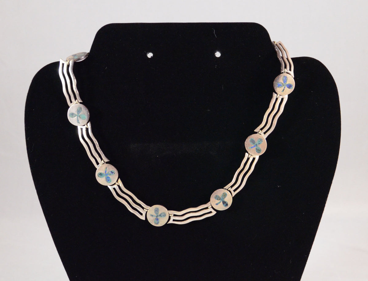 Taxco Sterling Silver & Inlay Necklace Three Wavy Bars and Clover Motif