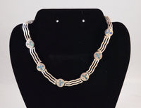 Taxco Sterling Silver & Inlay Necklace Three Wavy Bars and Clover Motif