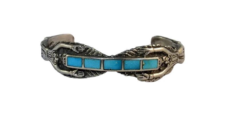 Zuni Turquoise Inlay Bracelet with Silver Eagle Dancers
