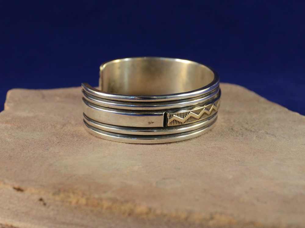 Contemporary Navajo Indian Handmade Bracelet, Sterling Silver & 14K Gold Overlay Cuff