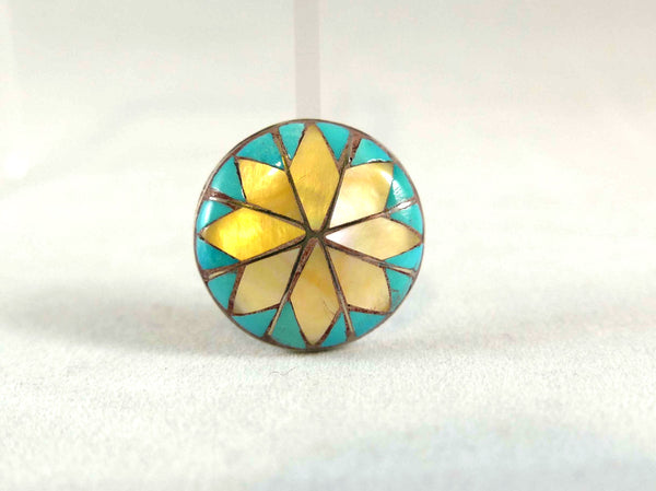 Zuni inlay Mother of Pearl and Turquoise Round Pin / Pendant