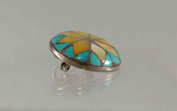 Zuni inlay Mother of Pearl and Turquoise Round Pin / Pendant