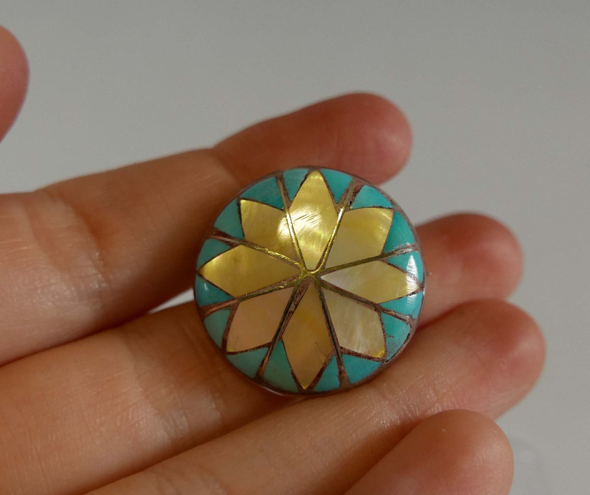 Zuni inlay Mother of Pearl and Turquoise Round Pin / Pendant
