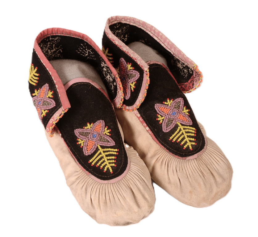 Maliseet Malecite Beaded Hide Moccasins