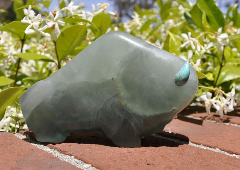 Large Zuni Bison Fetish in Fluorite with Turquoise Eyes and Horns by Lynn Quam