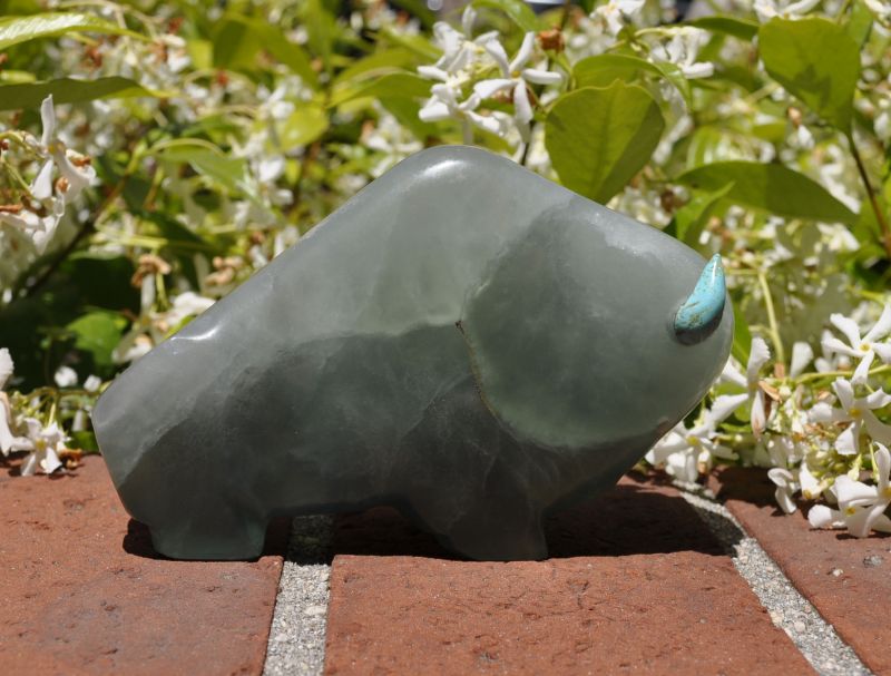 Large Zuni Bison Fetish in Fluorite with Turquoise Eyes and Horns by Lynn Quam