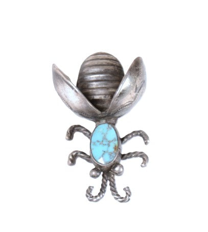 Navajo Fine Sterling Silver and Turquoise Bee Pin