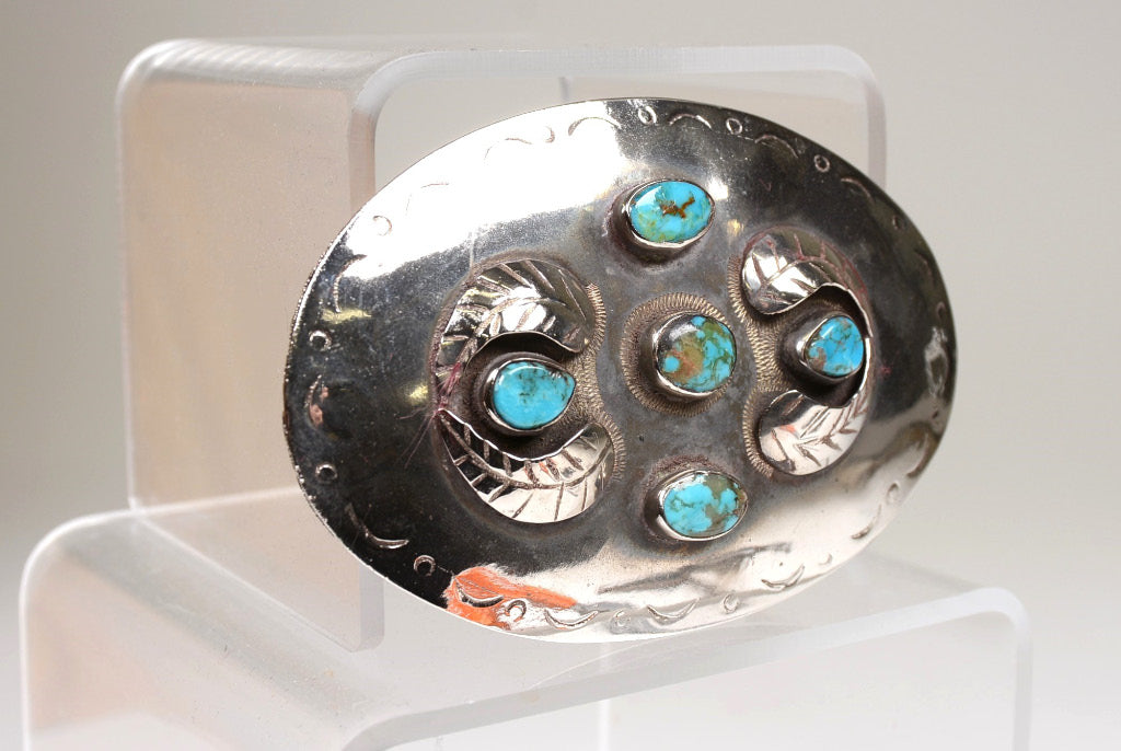 Mexican Silver and Turquoise Oval Belt Buckle