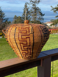 A very fine, large and early Salish Thompson River fully imbricated lidded storage basket with lid