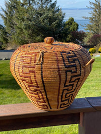 A very fine, large and early Salish Thompson River fully imbricated lidded storage basket with lid