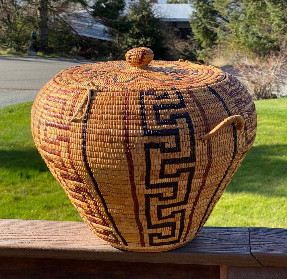 A very fine, large and early Salish Thompson River fully imbricated lidded storage basket with lid