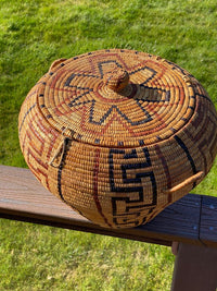 A very fine, large and early Salish Thompson River fully imbricated lidded storage basket with lid