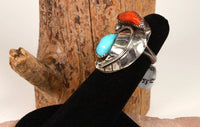 Navajo Ring Sterling Silver Coral and Turquoise Size: 4 1/2