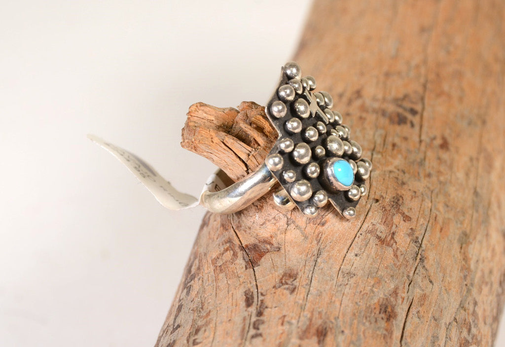 Navajo Ring; Silver Balls Turquoise Cross by Akee Douglas Size: 7