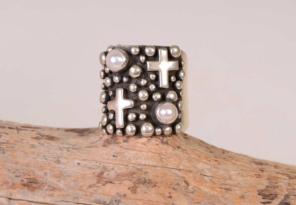 Navajo Ring; Silver Balls -  Pearls - Cross motif by Akee Douglas Size: 6
