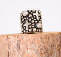 Navajo Ring; Silver Balls -  Pearls - Cross motif by Akee Douglas Size: 6