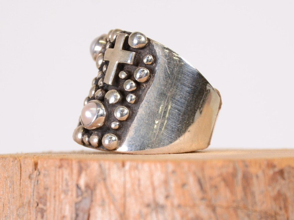 Navajo Ring; Silver Balls -  Pearls - Cross motif by Akee Douglas Size: 6