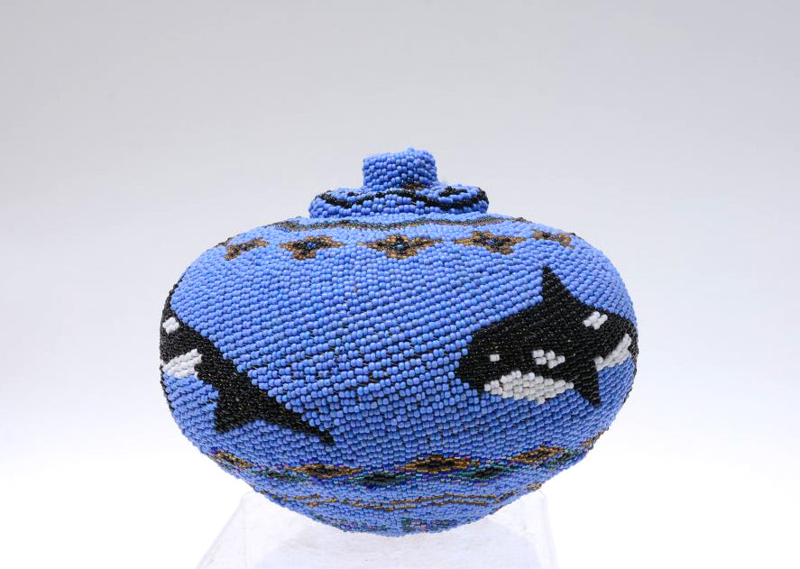 A Superb Vintage Lombok Balinese Glass Beaded Woven Basket With Lid