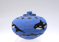 A Superb Vintage Lombok Balinese Glass Beaded Woven Basket With Lid