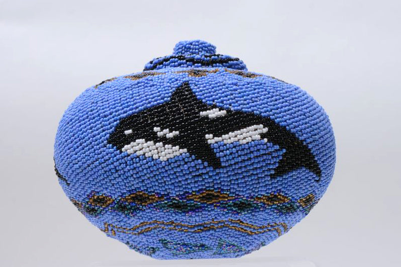 A Superb Vintage Lombok Balinese Glass Beaded Woven Basket With Lid