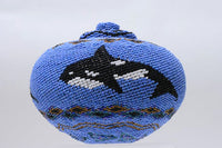 A Superb Vintage Lombok Balinese Glass Beaded Woven Basket With Lid